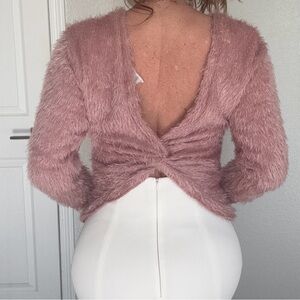 Women's Off-the-Shoulder and Half Backless Fuzzy Sweater - Rose